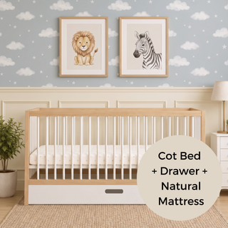 Midi Cot Bed With Drawer & Natural Mattress - White Beech (140x70)