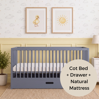 Midi Cot Bed With Drawer & Natural Mattress - Stone Blue (140x70)