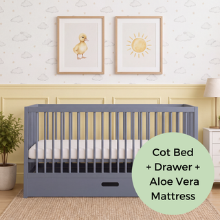 Midi Cot Bed With Drawer & Aloe Vera Mattress - Stone Blue (140x70)