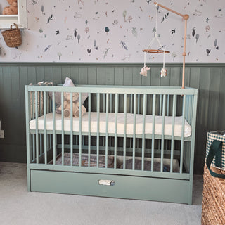 Mini Cot Bed With Drawer & Natural Mattress - Stone Teal (120x60)