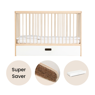 Mini Cot Bed With Drawer & Natural Mattress - Beech - Mokee