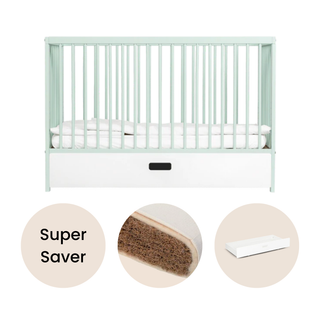 Mini Cot Bed With Drawer & Natural Mattress - Dusty Aqua - Mokee