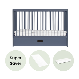Mini Cot Bed With Drawer & Aloe Vera Mattress - Stone Blue - Mokee