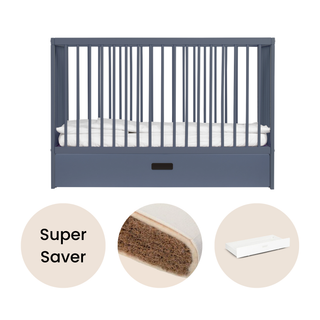 Mini Cot Bed With Drawer & Natural Mattress - Stone Blue - Mokee