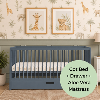 Midi Cot Bed With Drawer & Aloe Vera Mattress - Stone Blue (140x70)