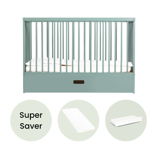 Mini Cot Bed With Drawer & Aloe Vera Mattress - Stone Teal - Mokee