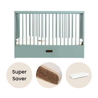 Mini Cot Bed With Drawer & Natural Mattress - Stone Teal - Mokee