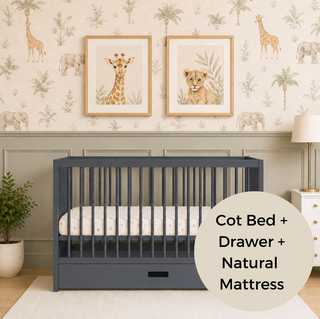 Mini Cot Bed With Drawer & Natural Mattress - Stone Blue (120x60)