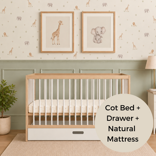 Mini Cot Bed With Drawer & Natural Mattress - White Beech (120x60)