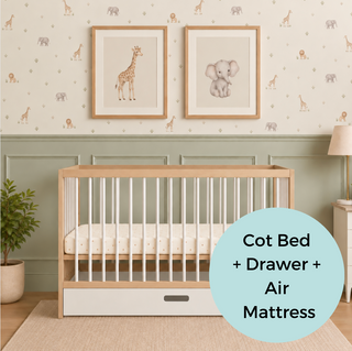 Mini Cot Bed With Drawer & Luxury Breathable Air Mattress - White Beech (120x60)