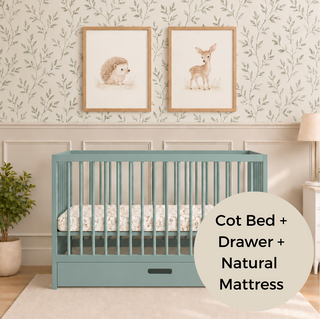 Mini Cot Bed With Drawer & Natural Mattress - Stone Teal (120x60)