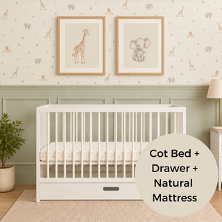 Mini Cot Bed With Drawer & Natural Mattress - White (120x60)