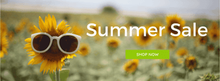 Sunflower wearing sunglasses with 'Summer Sale' text and 'SHOP NOW' button in a sunflower field.