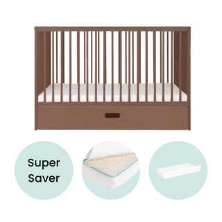 Mini Cot Bed With Drawer & Luxury Breathable Air Mattress - Walnut - Mokee