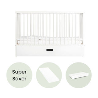 Mini Cot Bed With Drawer & Aloe Vera Mattress - White - Mokee