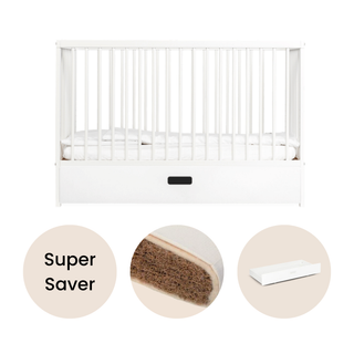 Mini Cot Bed With Drawer & Natural Mattress - White - Mokee