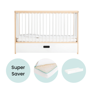 Mini Cot Bed With Drawer & Luxury Breathable Air Mattress - White Beech - Mokee