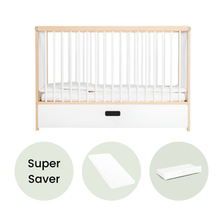 Mini Cot Bed With Drawer & Aloe Vera Mattress - White Beech - Mokee
