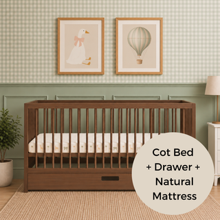 Midi Cot Bed With Drawer & Natural Mattress - Walnut (140x70)