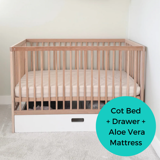 Mini Cot Bed With Drawer & Aloe Vera Mattress - Beech