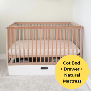 Mini Cot Bed With Drawer & Natural Mattress - Beech
