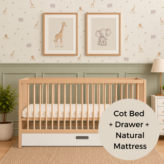 Midi Cot Bed With Drawer & Natural Mattress - Beech (140x70)