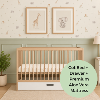 Mini Cot Bed With Drawer & Premium Aloe Vera Mattress - Beech (120x60)