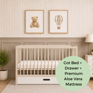 Mini Cot Bed With Drawer & Premium Aloe Vera Mattress - Cashmere (120x60)
