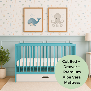 Mini Cot Bed With Drawer & Premium Aloe Vera Mattress - Ocean Teal (120x60)