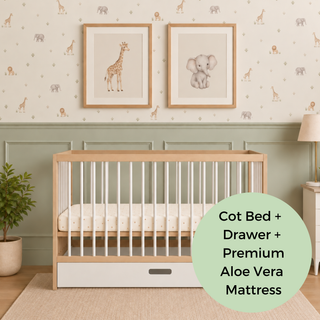 Mini Cot Bed With Drawer & Premium Aloe Vera Mattress - White Beech (120x60)