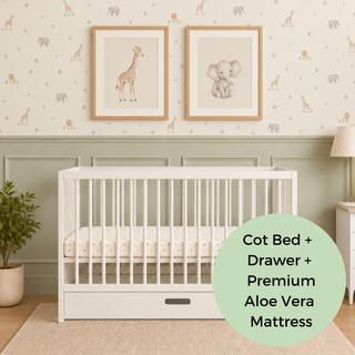 Mini Cot Bed With Drawer & Premium Aloe Vera Mattress - White (120x60)