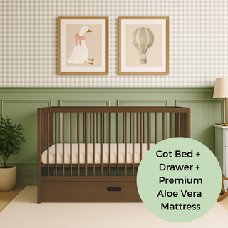 Mini Cot Bed With Drawer & Premium Aloe Vera Mattress - Walnut (120x60)