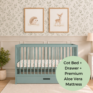Mini Cot Bed With Drawer & Premium Aloe Vera Mattress - Stone Teal (120x60)