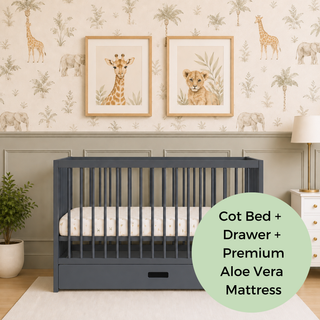 Mini Cot Bed With Drawer & Premium Aloe Vera Mattress - Stone Blue (120x60)