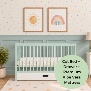 Mini Cot Bed With Drawer & Premium Aloe Vera Mattress - Dusty Aqua (120x60)
