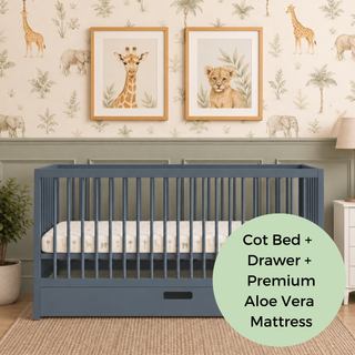 Midi Cot Bed With Drawer & Premium Aloe Vera Mattress - Stone Blue (140x70)
