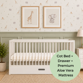 Midi Cot Bed With Drawer & Premium Aloe Vera Mattress - White (140x70)