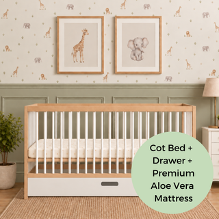 Midi Cot Bed With Drawer & Premium Aloe Vera Mattress - White Beech (140x70)