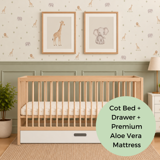 Midi Cot Bed With Drawer & Premium Aloe Vera Mattress - Beech (140x70)