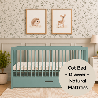 Midi Cot Bed With Drawer & Natural Mattress - Stone Teal (140x70)