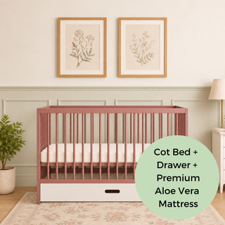 Mini Cot Bed With Drawer & Premium Aloe Vera Mattress - Dusty Rose (120x60)