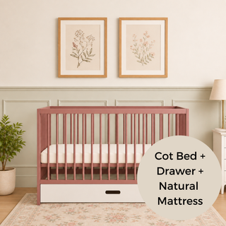 Mini Cot Bed With Drawer & Natural Mattress - Dusty Rose (120x60)