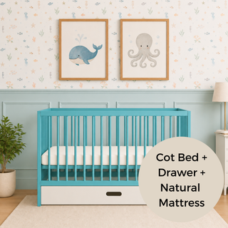 Mini Cot Bed With Drawer & Natural Mattress - Ocean Teal (120x60)