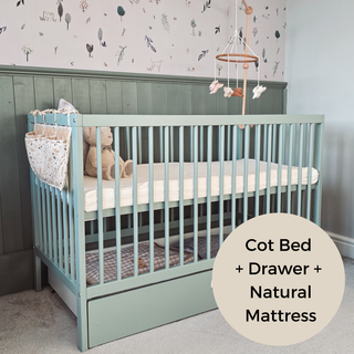 Mini Cot Bed With Drawer & Natural Mattress - Stone Teal