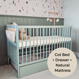 Mini Cot Bed With Drawer & Natural Mattress - Stone Teal (120x60)