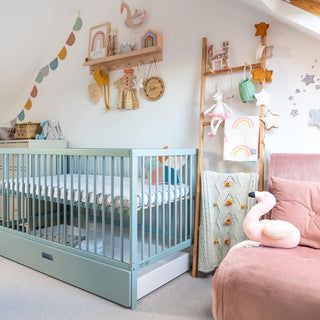 Mini Cot Bed With Drawer & Natural Mattress - Stone Teal (120x60)