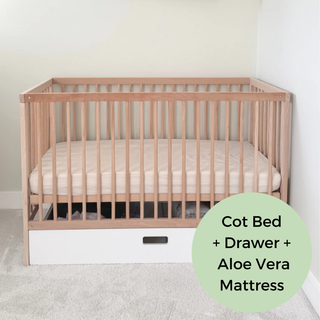 Mini Cot Bed With Drawer & Aloe Vera Mattress - Beech