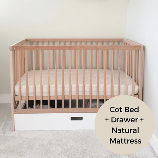 Mini Cot Bed With Drawer & Natural Mattress - Beech