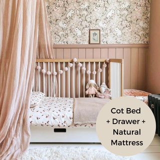Mini Cot Bed With Drawer & Natural Mattress - White Beech (120x60)