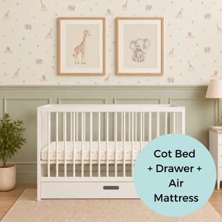Mini Cot Bed With Drawer & Luxury Breathable Air Mattress - White (120x60)